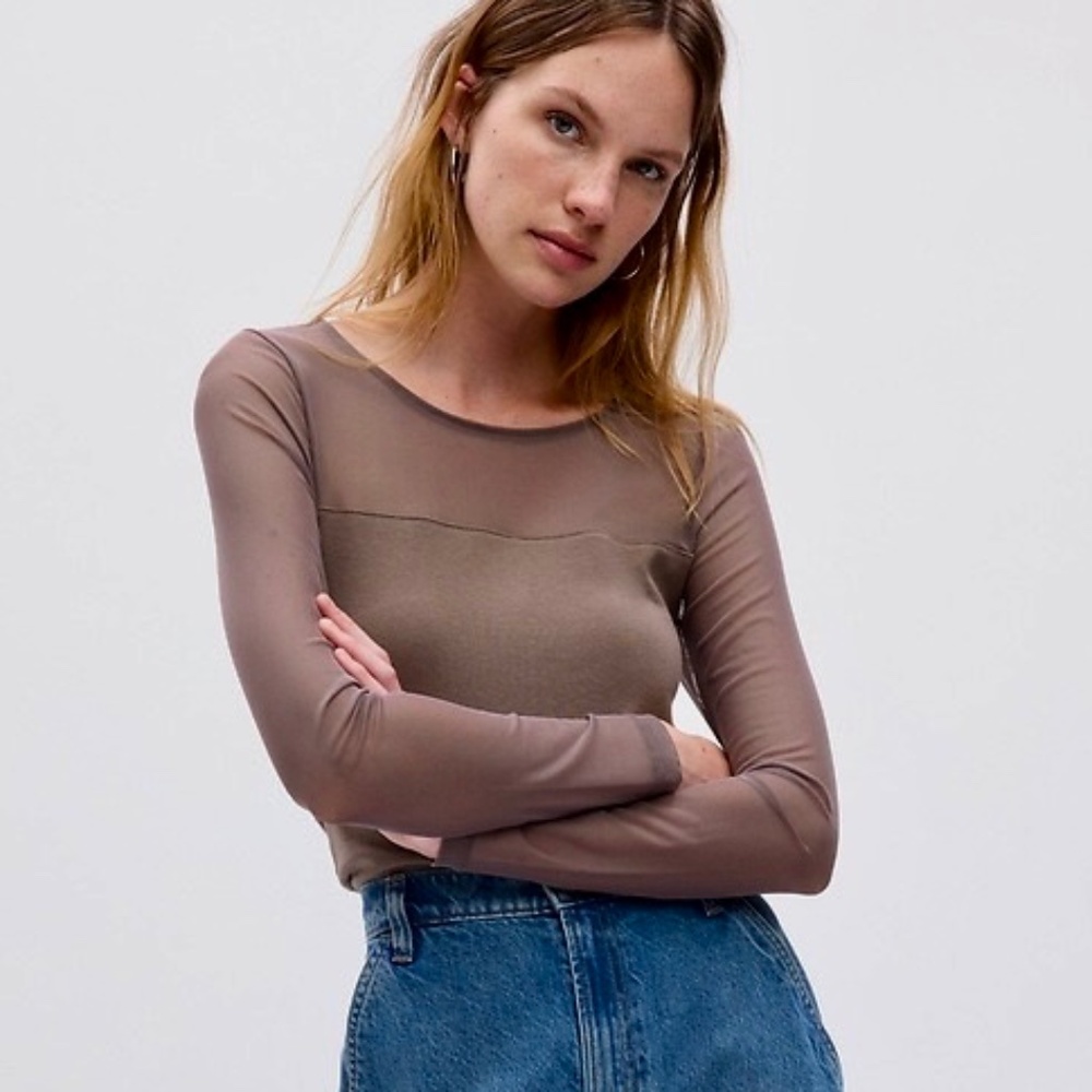 NWT GAP Modern Crewneck Mesh Panel Stretch Jersey Longsleeve Tee Brown Size L